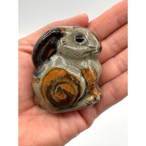 Artisan Made Pottery Rabbit Figurine With Earth Tones, Flowers and Swirl Pattern